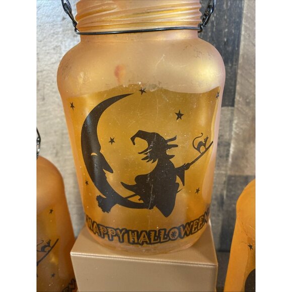 Halloween Decor Orange Black Jar Tealight Candle holder Witch Moon Cat Set Of 3 - Picture 2 of 11